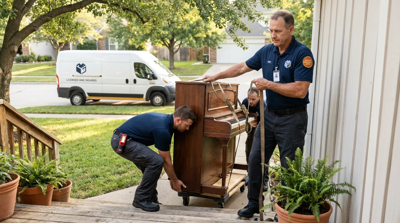 Licensed piano movers securing grand piano in Calistoga, CA