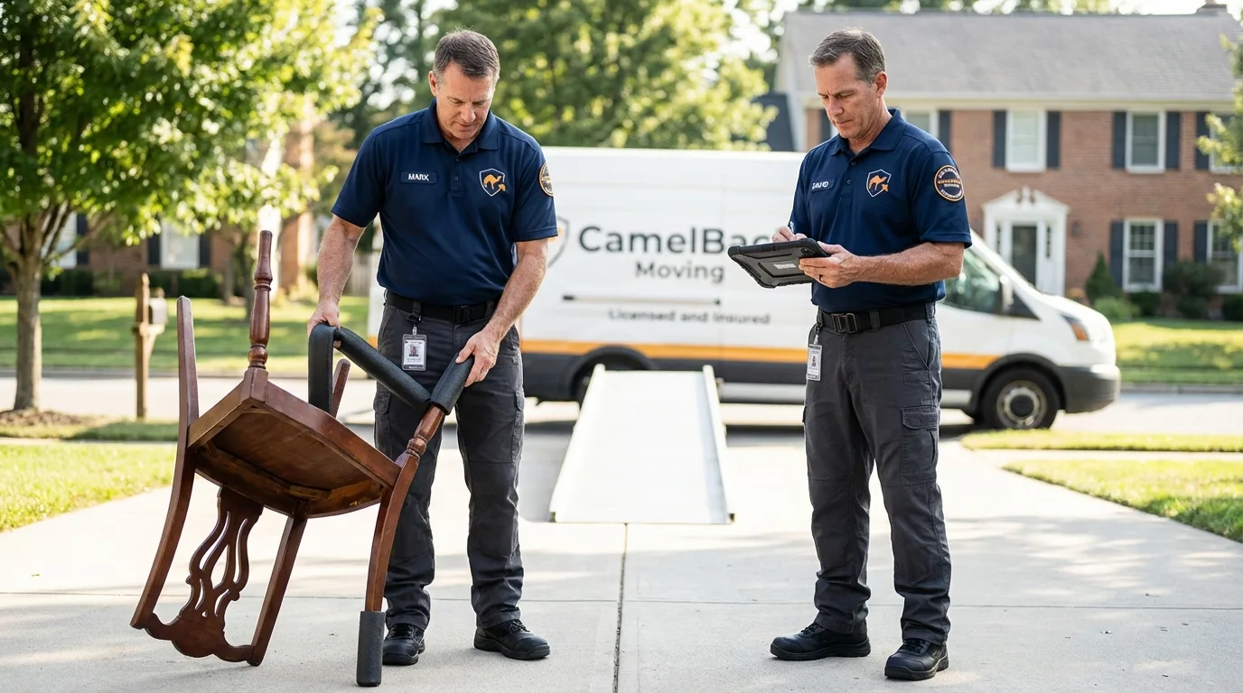 Movers inspecting furniture for damage prevention before loading in Calistoga, CA