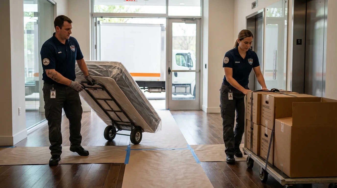 Professional apartment movers loading elevator in Calistoga, CA